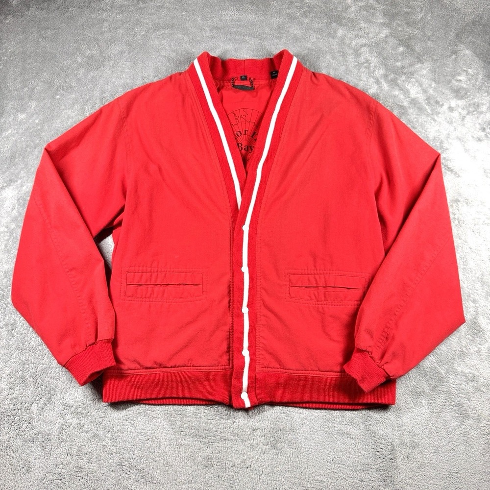 North Bay Mens XL Red‎ Button Front Bomber Jacket White Trim Pockets